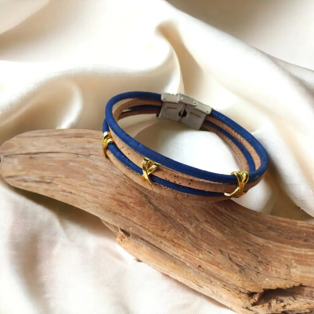 Bracelet en Liège Naturel Livia doré Karmyliege 20cm-Bleu-marine-et-beige