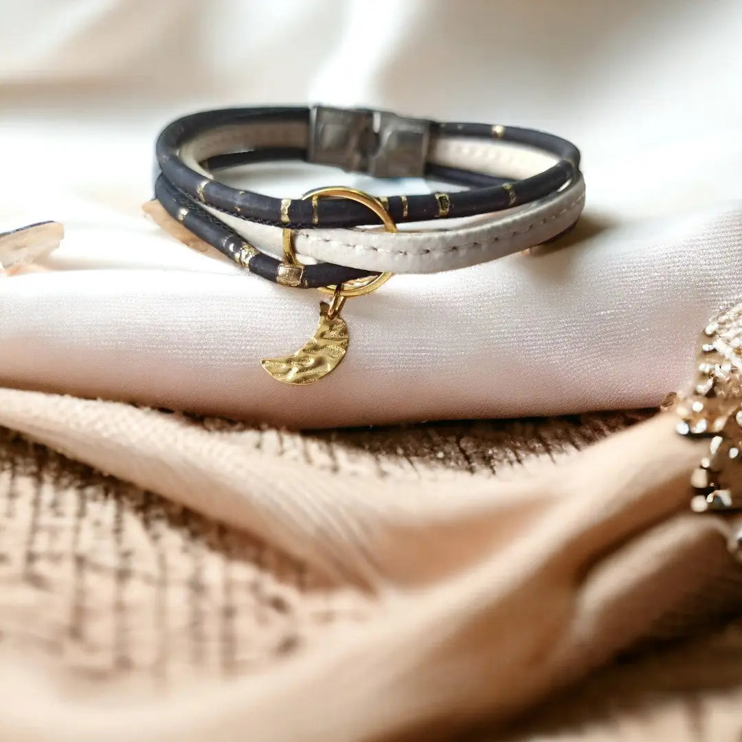 Bracelet en liège naturel Luna Karmyliege 20cm-Noir-doré