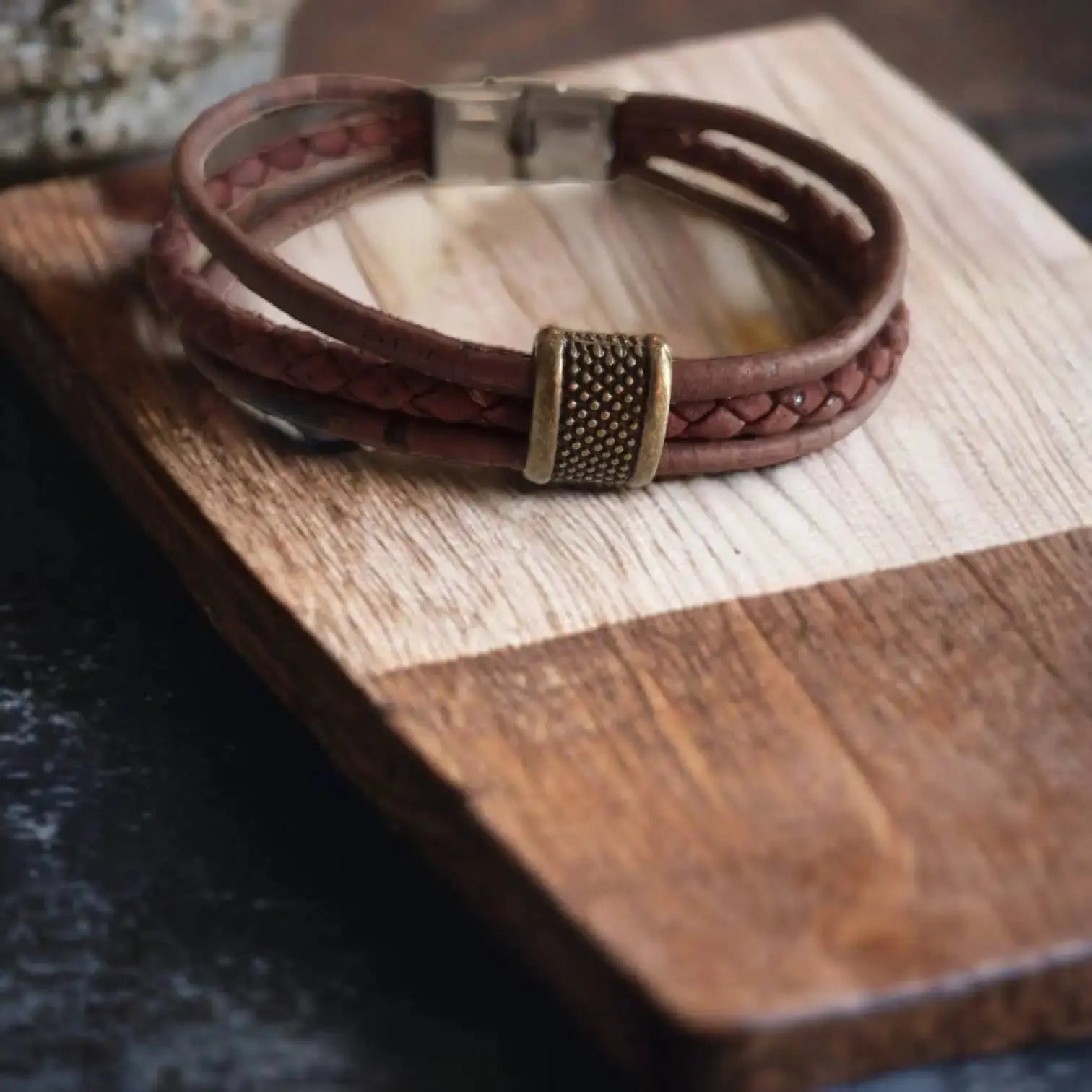 Bracelet en liège tressé Fabien Karmyliege 22cm-Perle-bronze