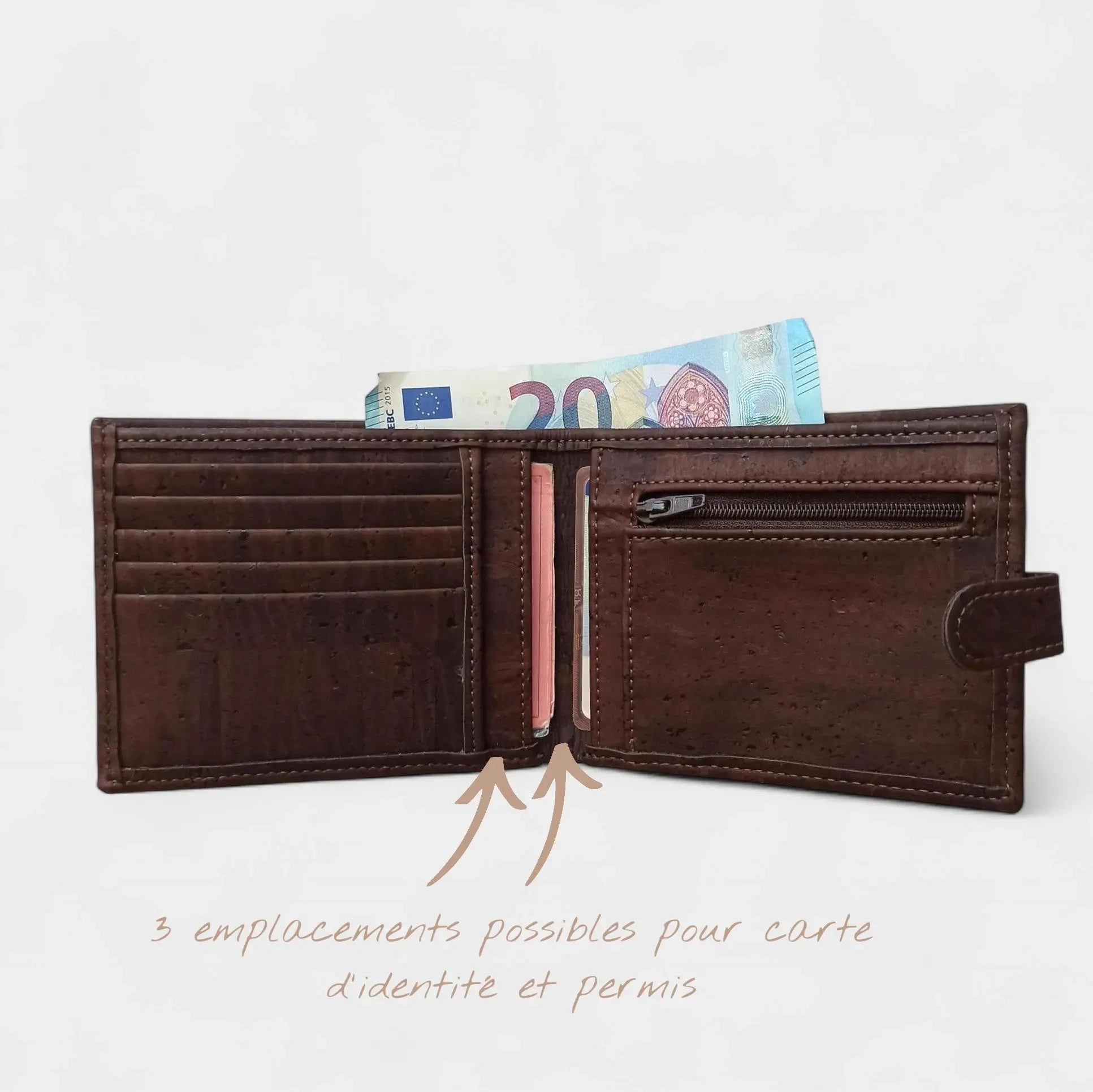 Portefeuille vegan en liège avec zip, Roman Karmyliege
