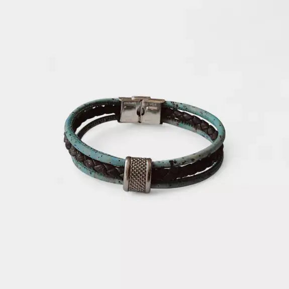 Bracelet vegan en liège tressé, Fabien  Karmyliege 22cm / bleu minéral