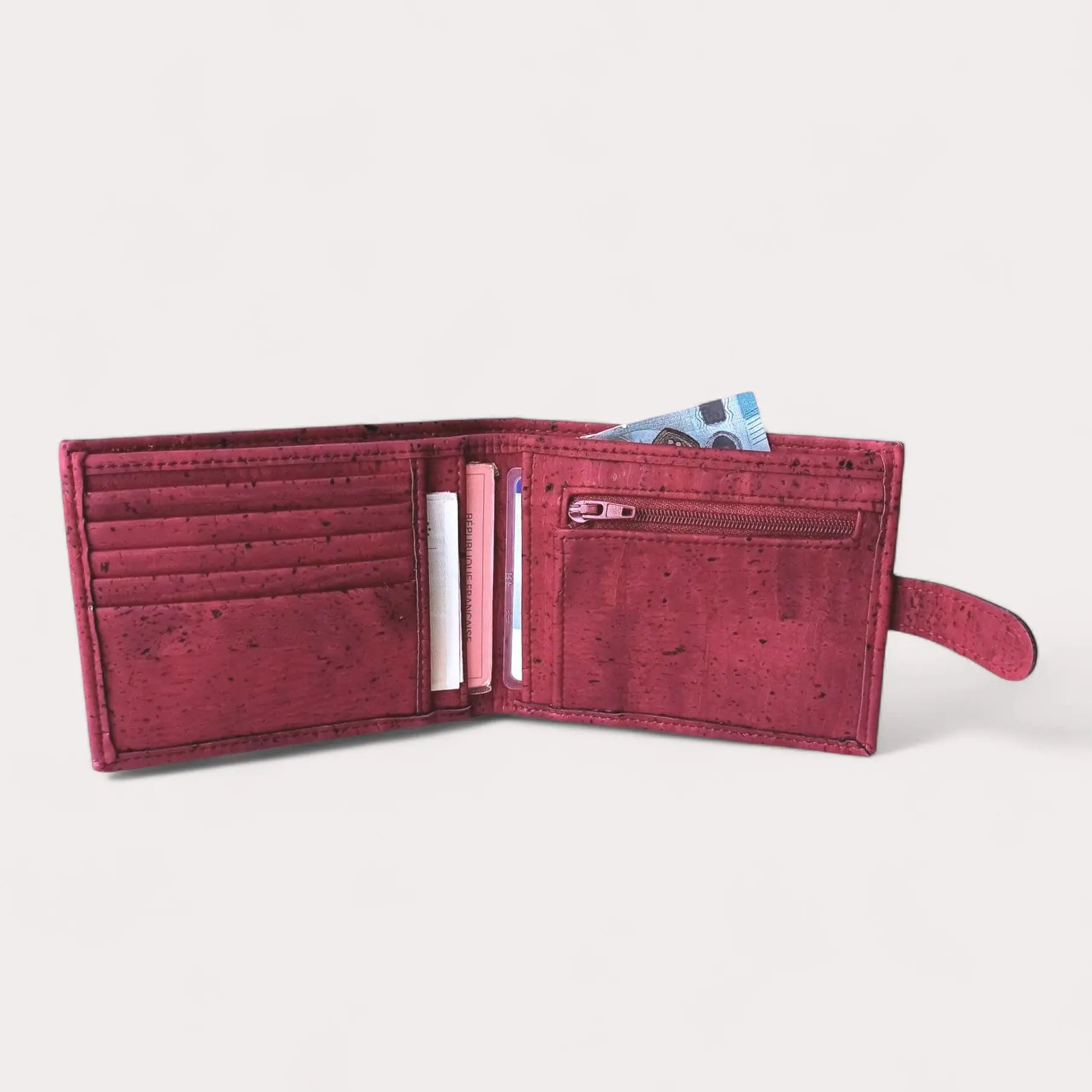Portefeuille vegan en liège avec zip, Roman bordeaux  Karmyliege