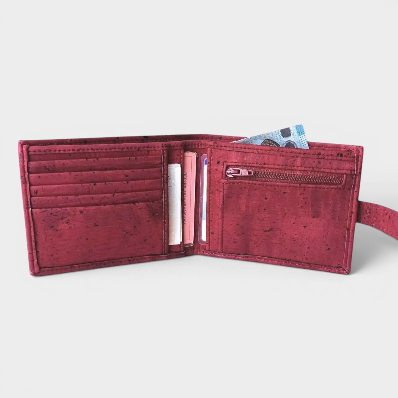 Portefeuille vegan en liège avec zip, Roman bordeaux  Karmyliege