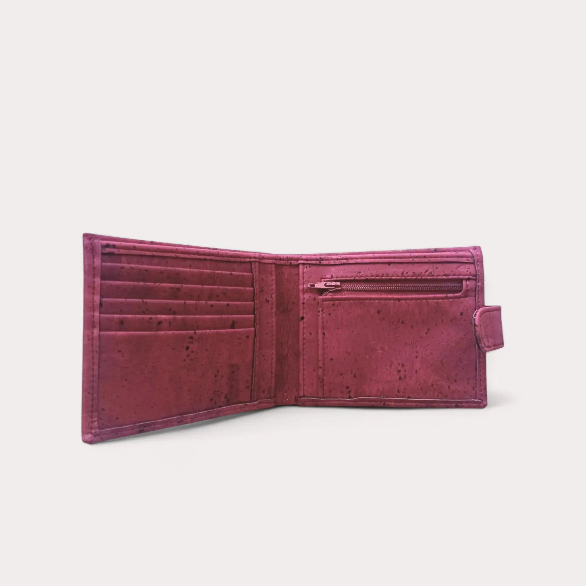 Portefeuille vegan en liège avec zip, Roman bordeaux  Karmyliege