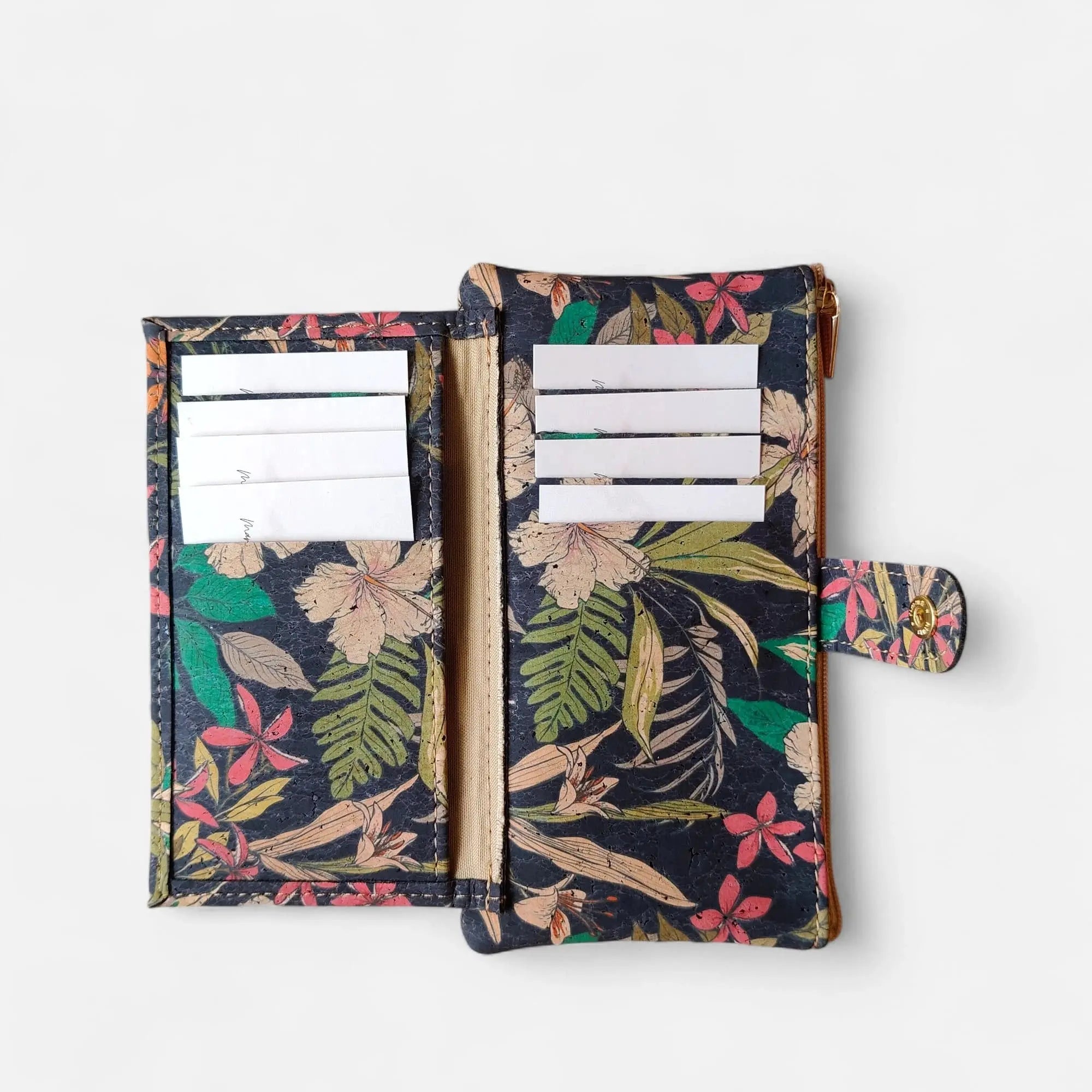 Portefeuille vegan en liège fleuri noir  Karmyliege