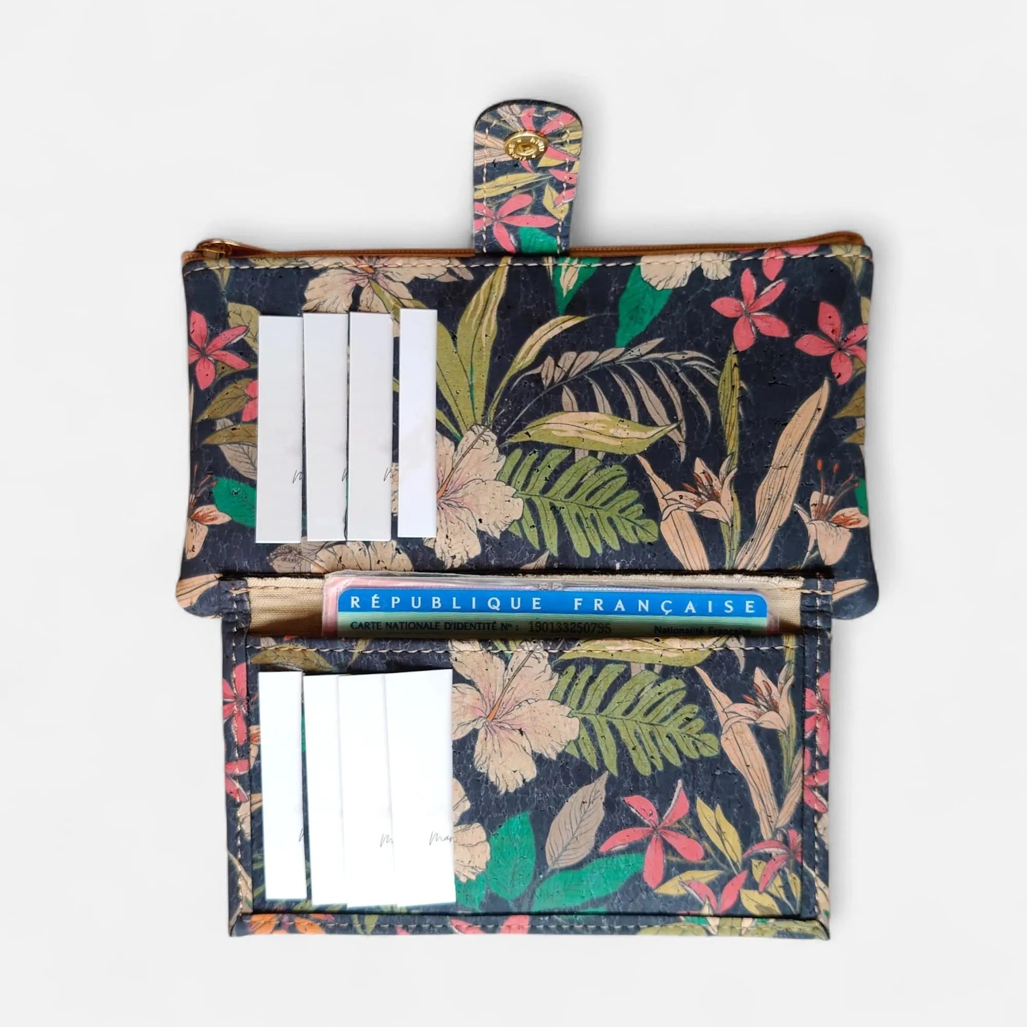 Portefeuille vegan en liège fleuri noir  Karmyliege