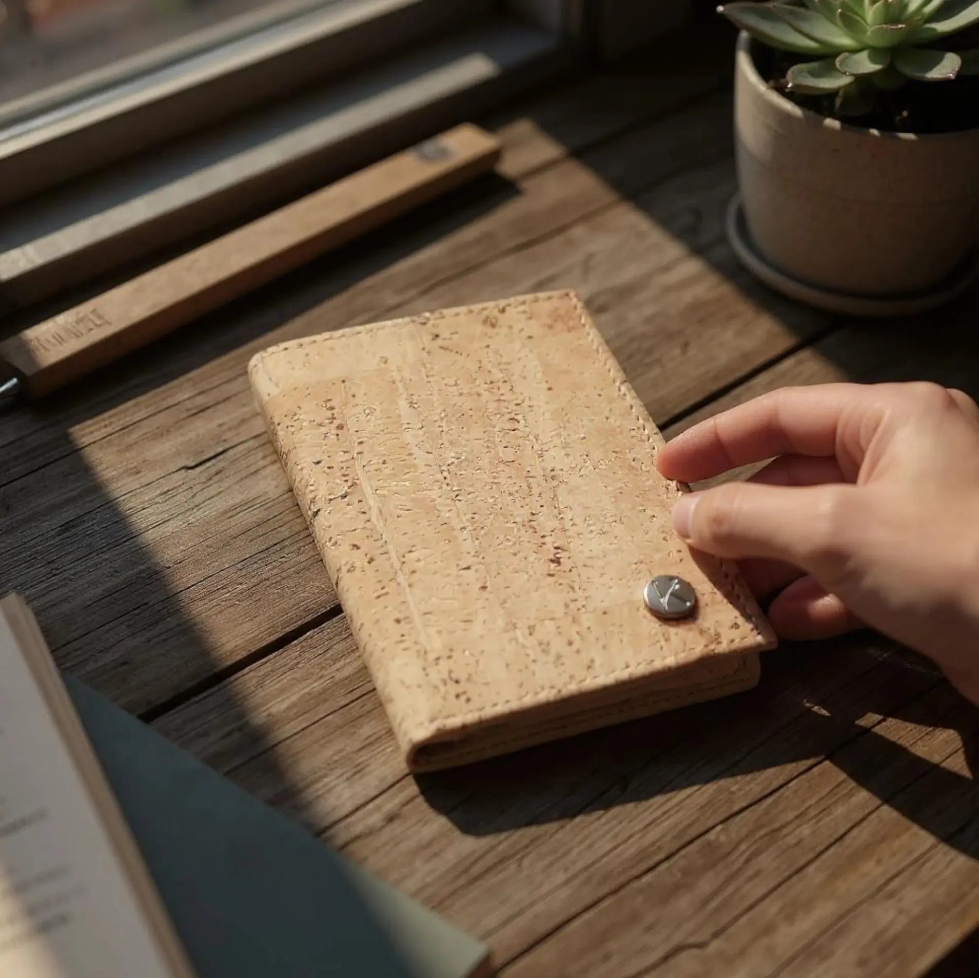 Portefeuille vegan en liège vertical avec volet, Sam  Karmyliege