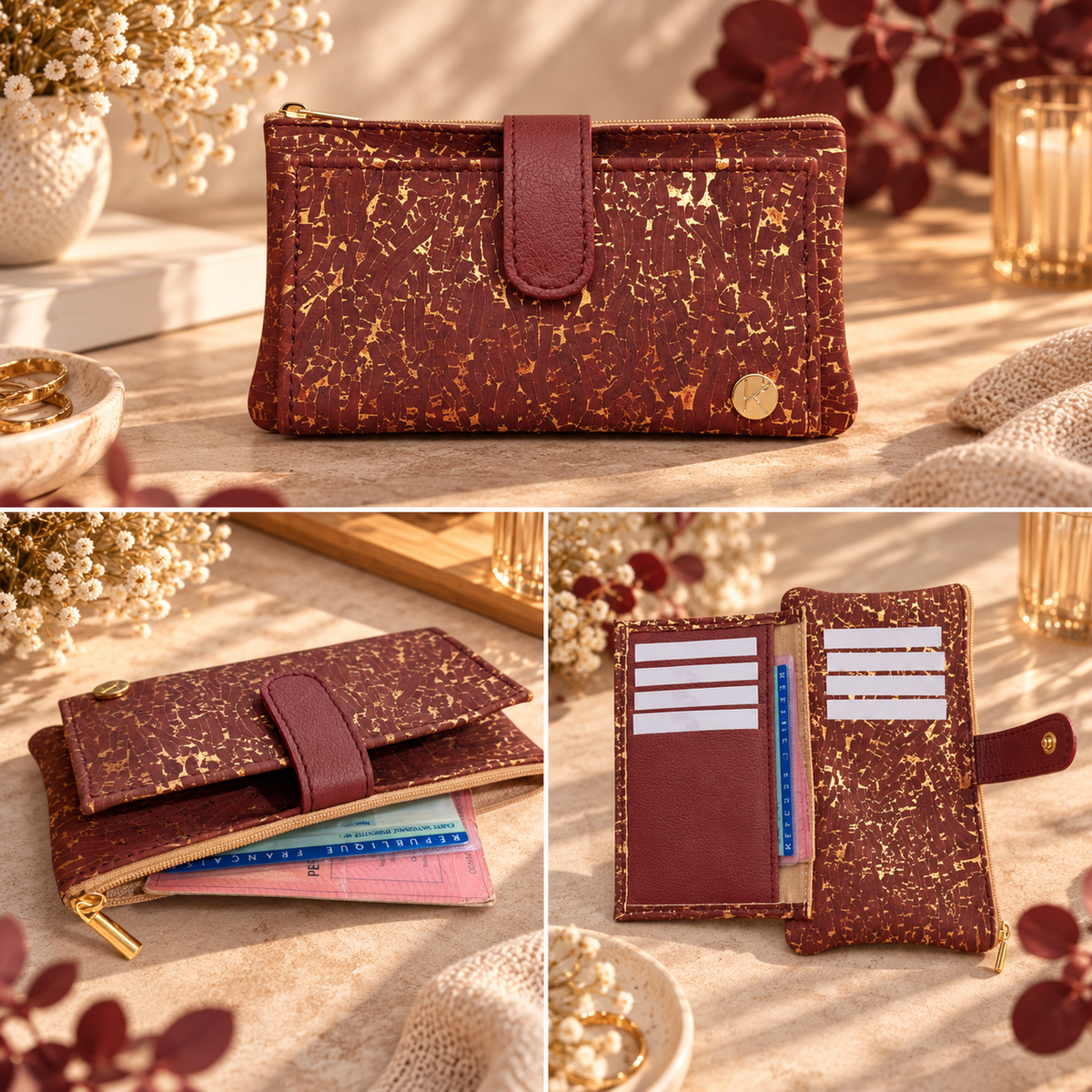 Portefeuille vegan en liège et peau de pomme, Lalie bordeaux doré  Karmyliege