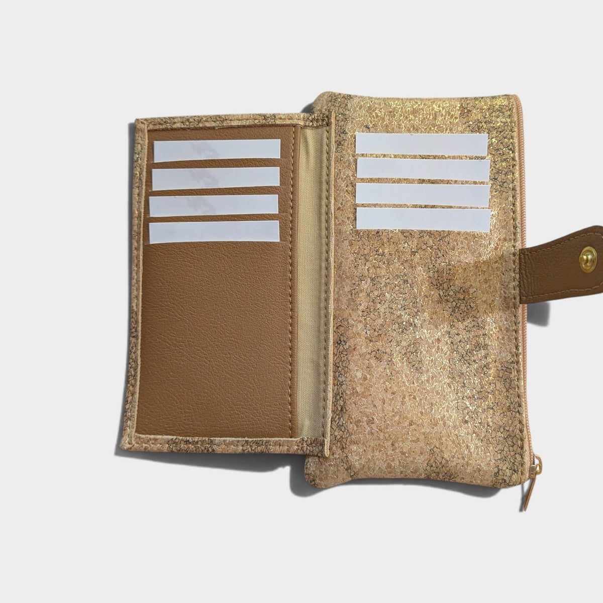 Portefeuille vegan en liège et peau de pomme, Lalie beige doré et camel