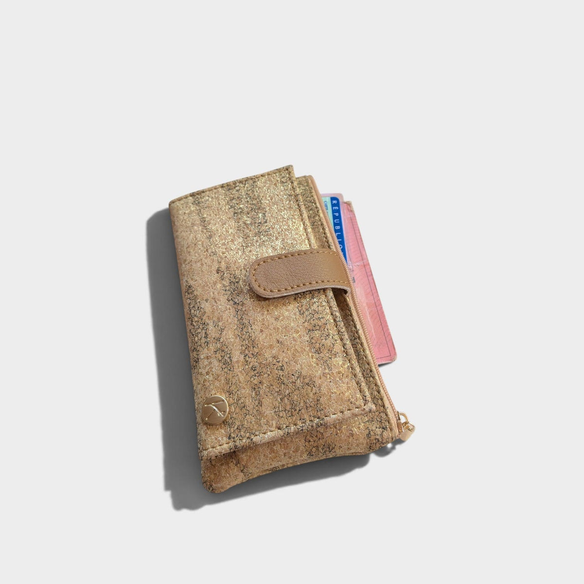 Portefeuille vegan en liège et peau de pomme, Lalie beige doré et camel