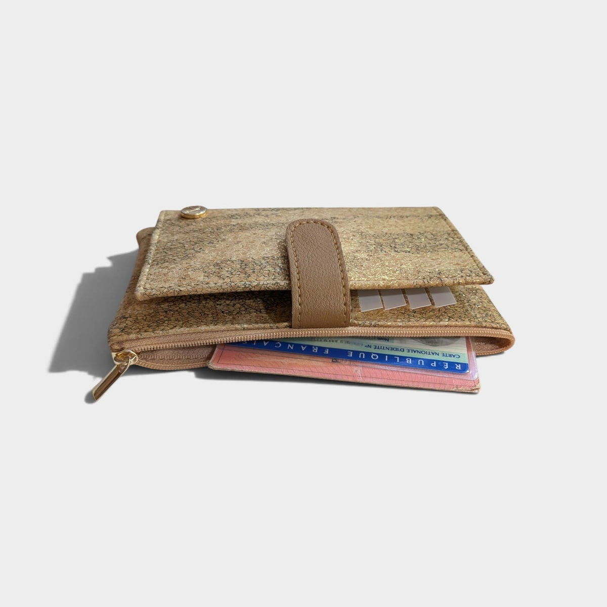 Portefeuille vegan en liège et peau de pomme, Lalie beige doré et camel