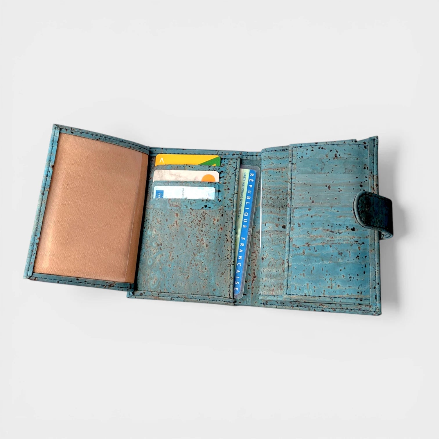 Portefeuille en liège, Zoé turquoise grisé