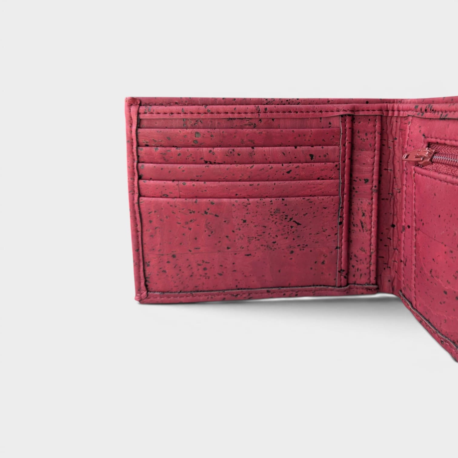Portefeuille vegan en liège avec zip, Roman bordeaux  Karmyliege
