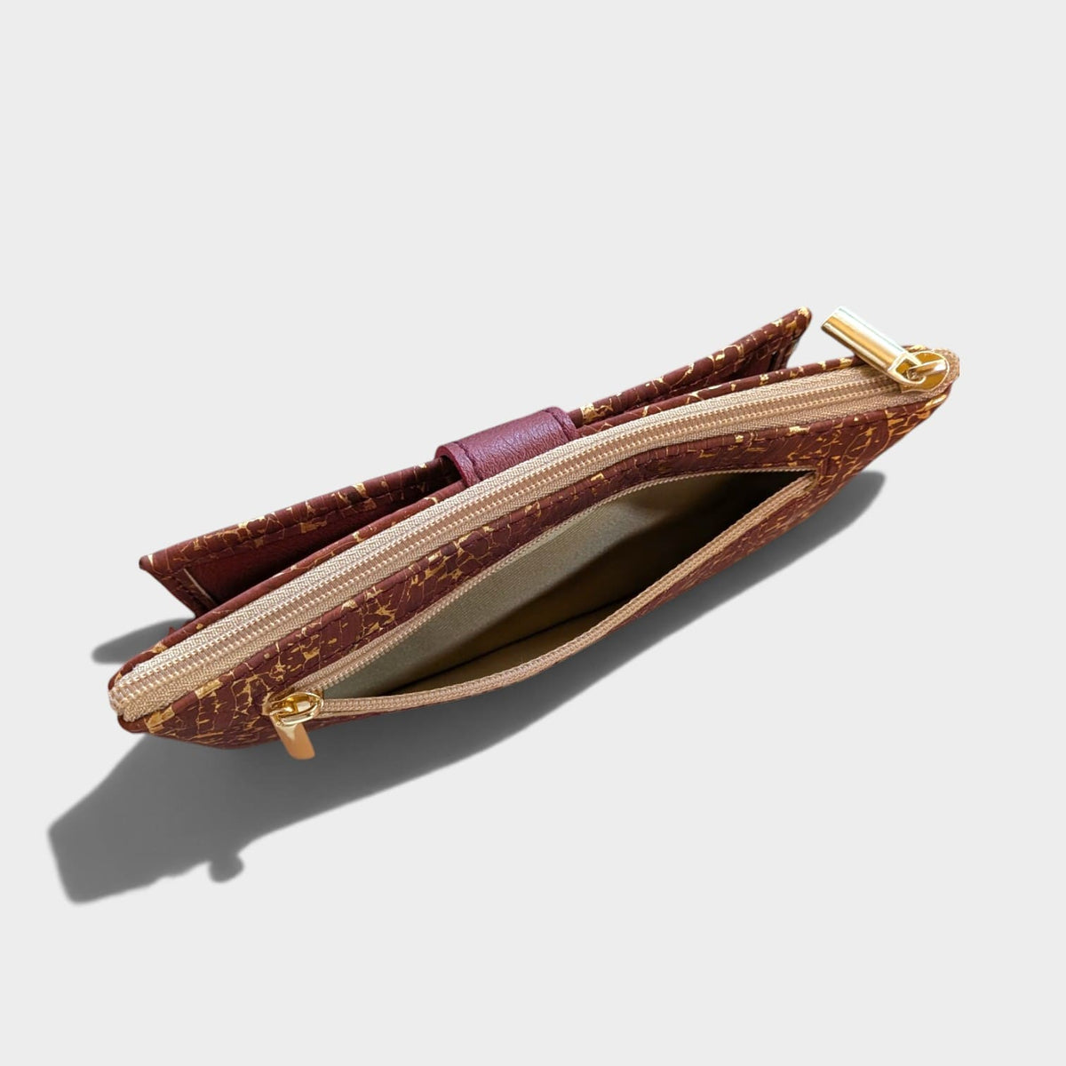 Portefeuille vegan en liège et peau de pomme, Lalie bordeaux doré
