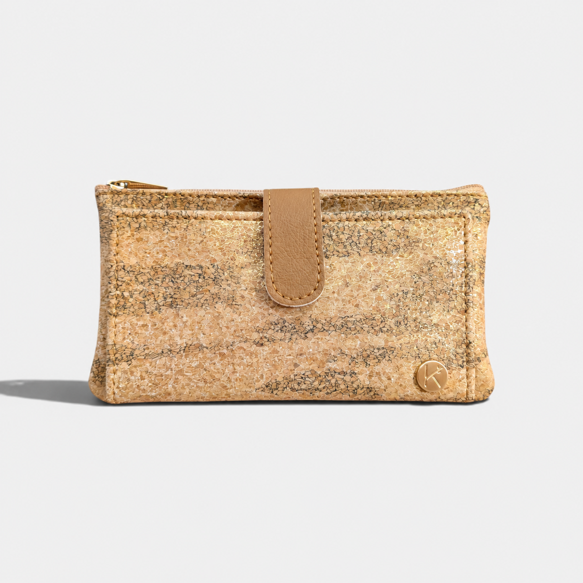 Portefeuille vegan en liège et peau de pomme, Lalie beige doré et camel  Karmyliege