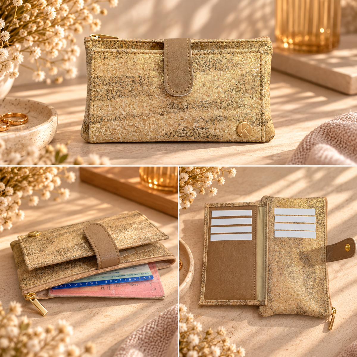 Portefeuille vegan en liège et peau de pomme, Lalie beige doré et camel